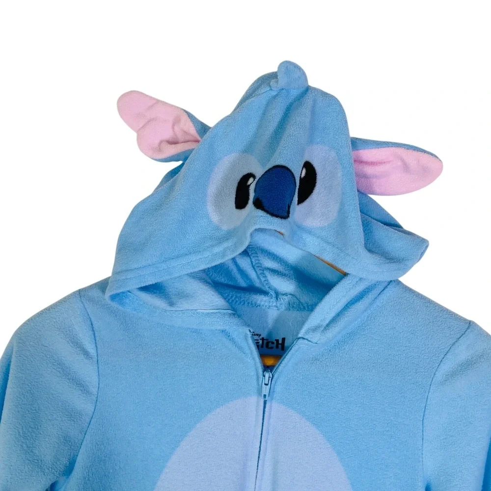 Disney Stitch Blue Fleece‎ Hooded Union Suit One Piece Pajamas Kids Sz 10/12